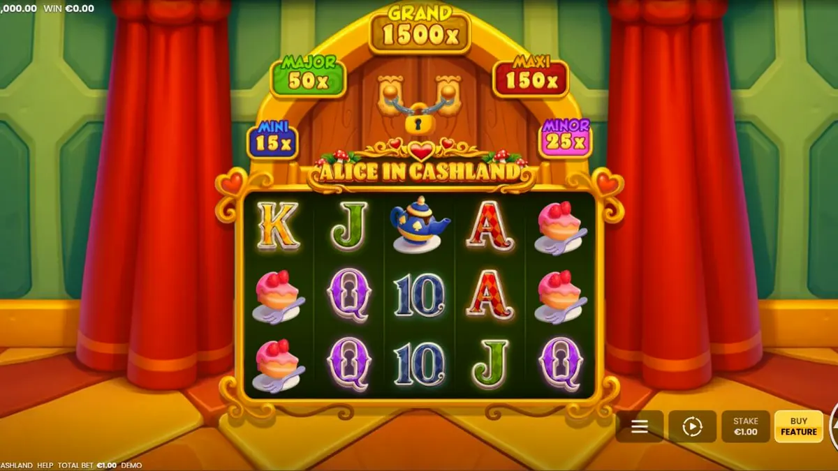 Alice in Cashland slot machine interface com elementos de fantasia