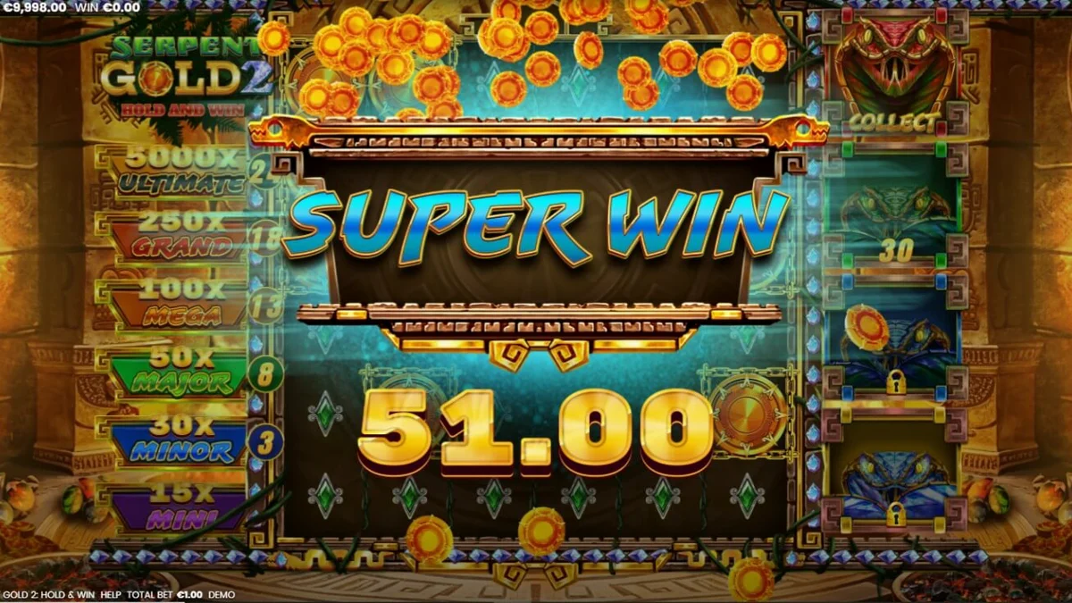 Interface do jogo Serpent Gold 2: Hold and Win com tema de selva e serpentes
